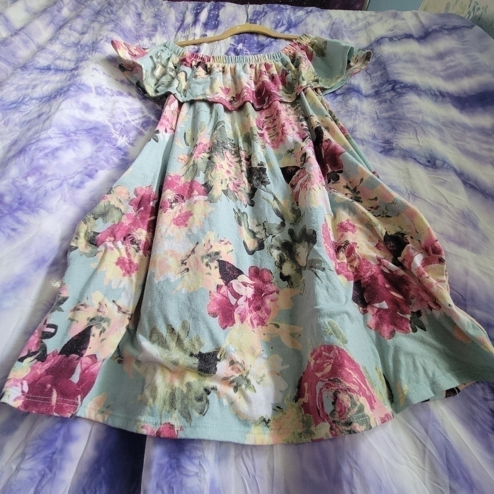 Mts Women's Scrunch Off The Shoulder Floral Blue Mini Dress Size Large - Picture 4 of 9